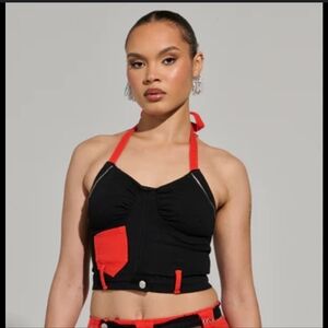 AKIRA Black and Red Crop Halter DenimTop